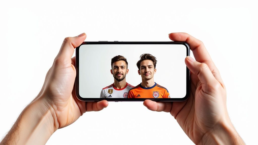 Hands holding a smartphone displaying two male soccer players in different team jerseys on a white background.
