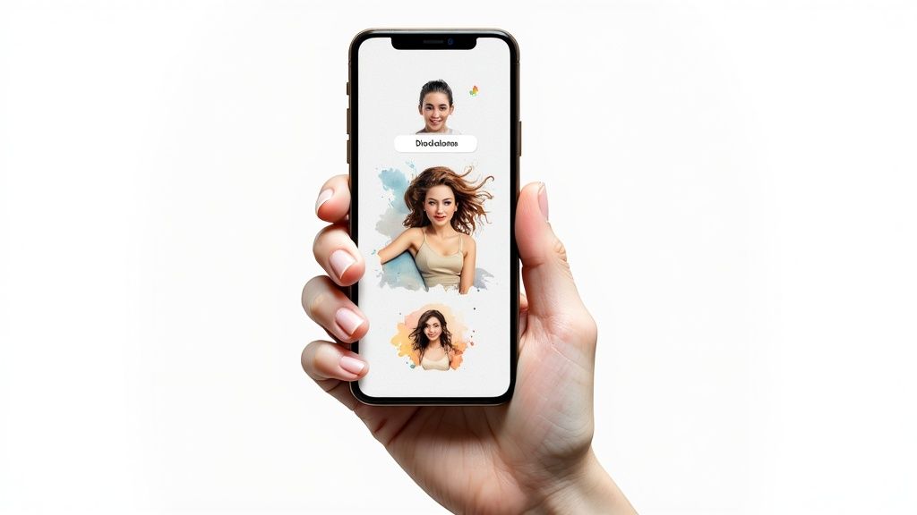 A stylized, artistic AI-generated selfie of a person smiling, with vibrant colors and abstract elements in the background.