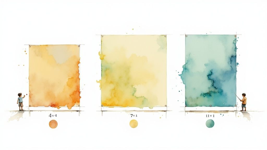 Young soccer players in brightly colored jerseys on a scaled-down youth soccer field.