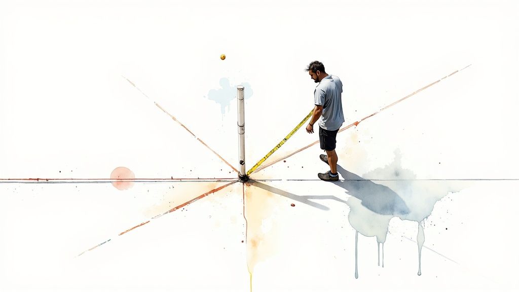 A man measures around a pole on a white, abstract watercolor background with lines and a ball.