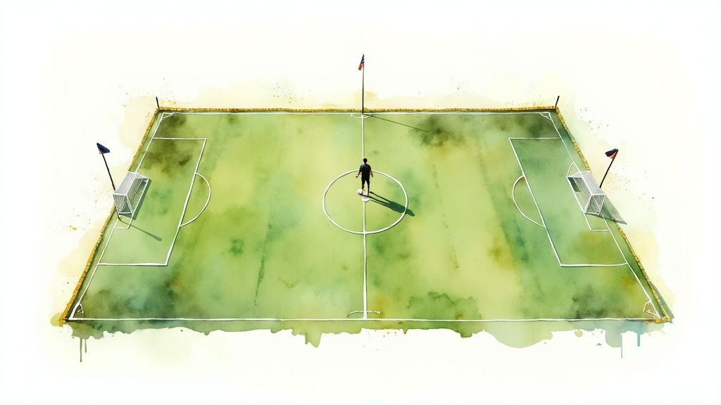 A neatly marked, empty soccer field from an aerial view, showcasing its various lines and dimensions.