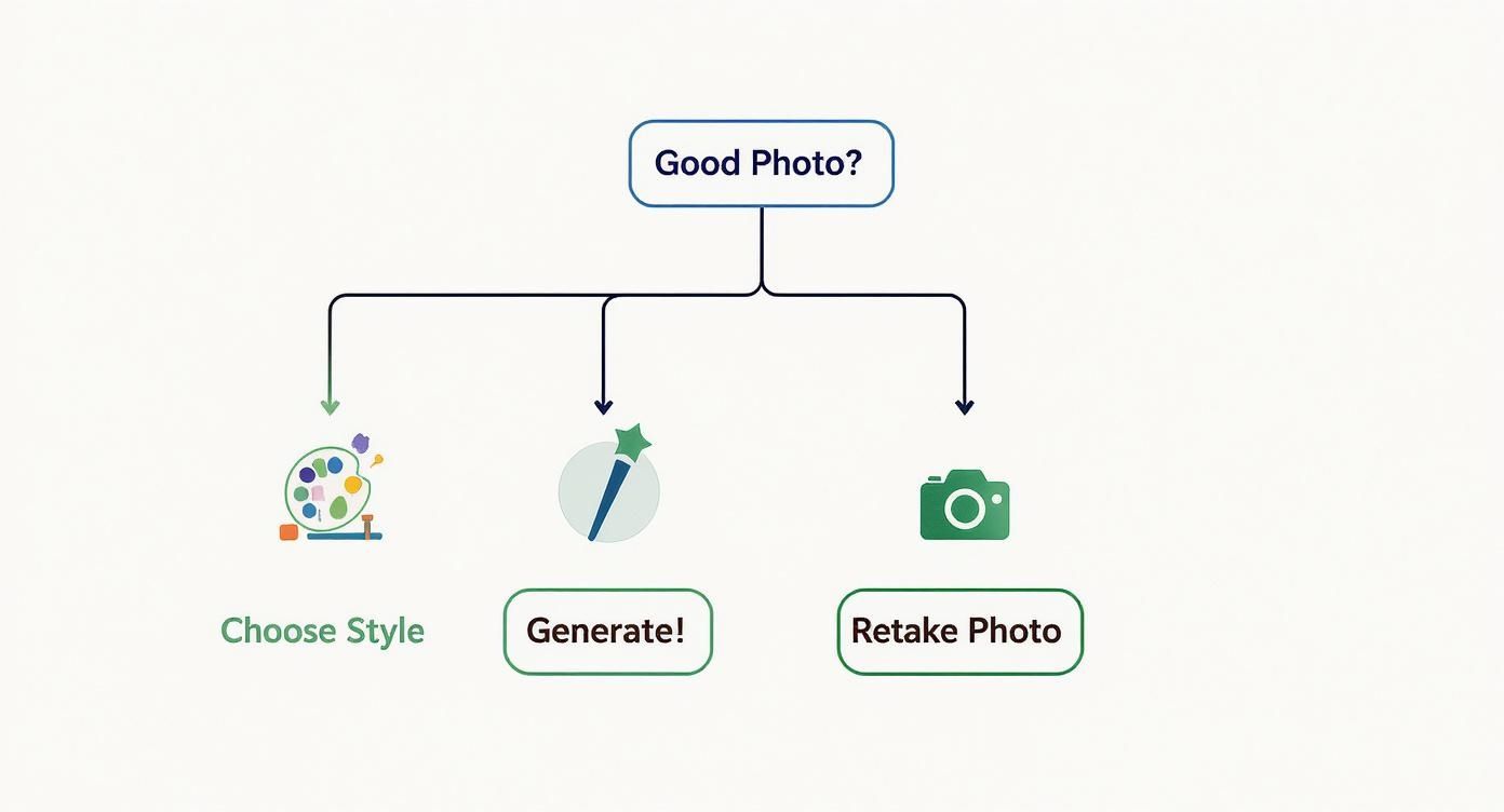 A flowchart illustrates options for a photo: 'Good Photo?' leads to style, generation, or retake.