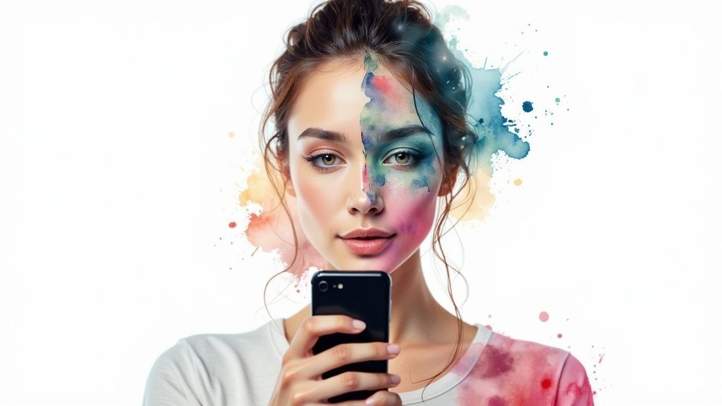 Creative portrait of a woman with half her face painted in vibrant watercolors, holding a smartphone.