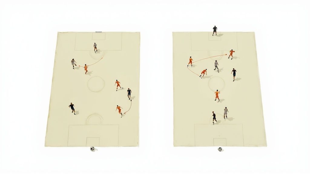 A soccer field with dramatic, long shadows stretching across the pitch from the stadium lights.