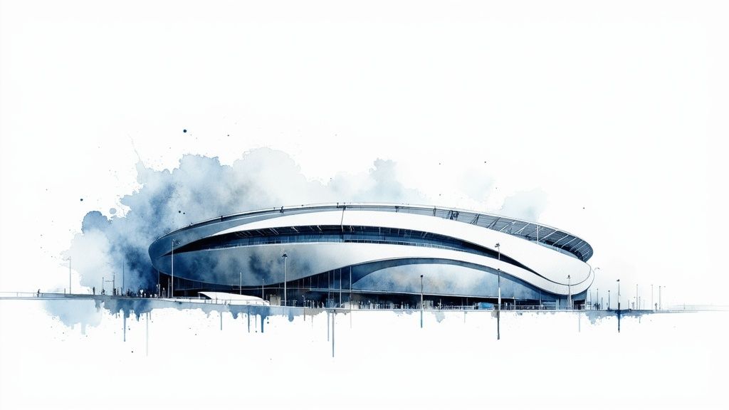Artistic watercolor illustration of a contemporary blue stadium with white accents and atmospheric splashes.