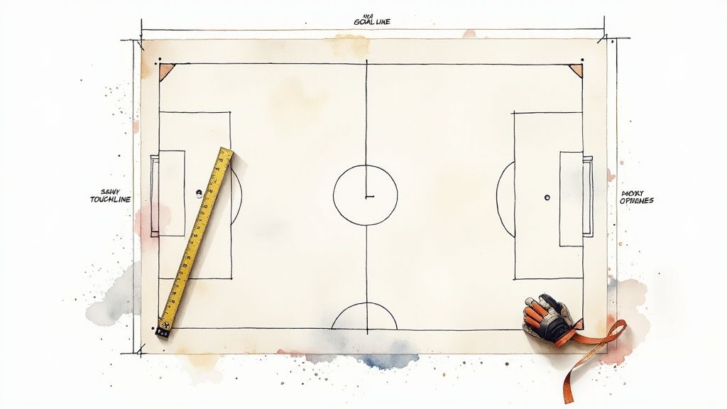 A hand-drawn football field diagram with a ruler, goalkeeper glove, and handwritten labels on a white background.
