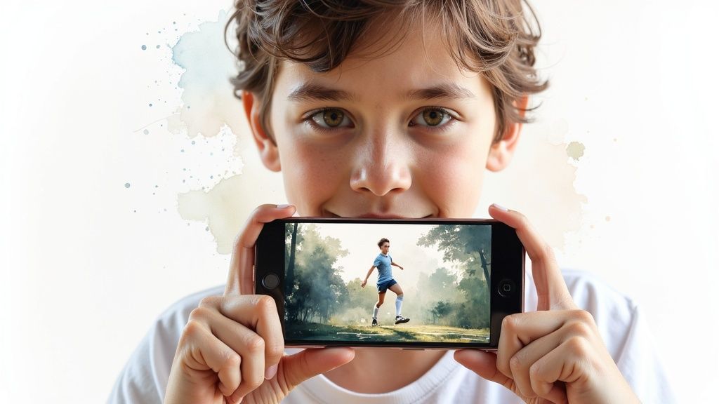 Young boy holding smartphone displaying AI-generated image of himself playing soccer outdoors