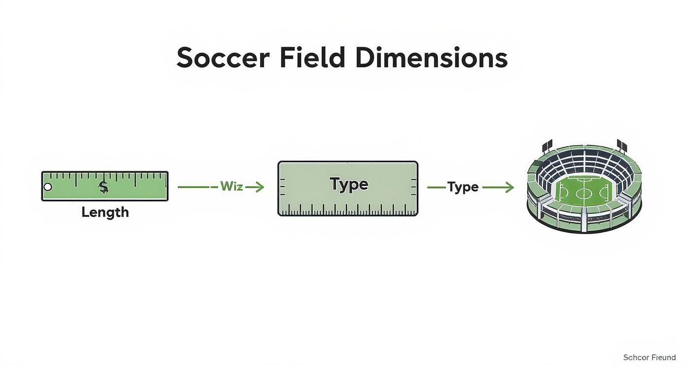 Diagram illustrating soccer field dimensions, showing a ruler for length, a field type, and a stadium.