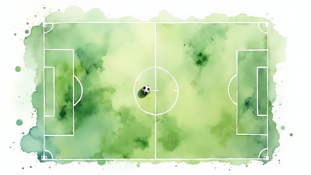 A pristine, empty soccer field with clear white markings, viewed from a high angle.