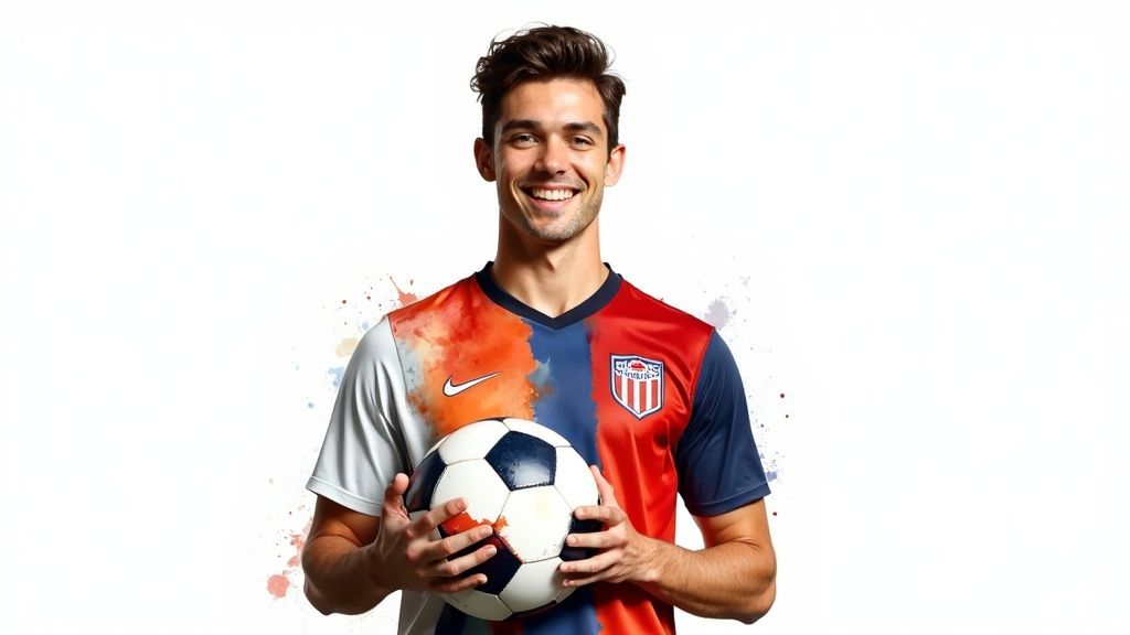 A smiling male soccer player in a split-design jersey holds a ball against a white background.