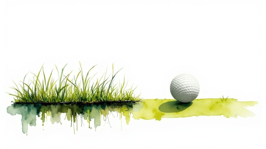 A vibrant watercolor painting of green grass and a white golf ball on a light green patch.