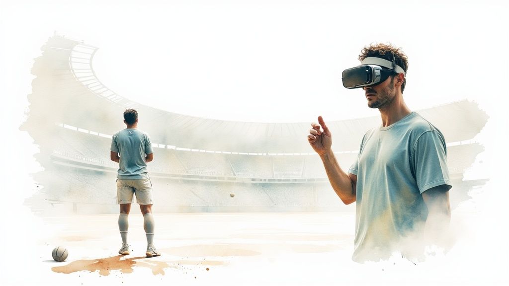 Man wearing virtual reality headset watching soccer player in digital stadium environment