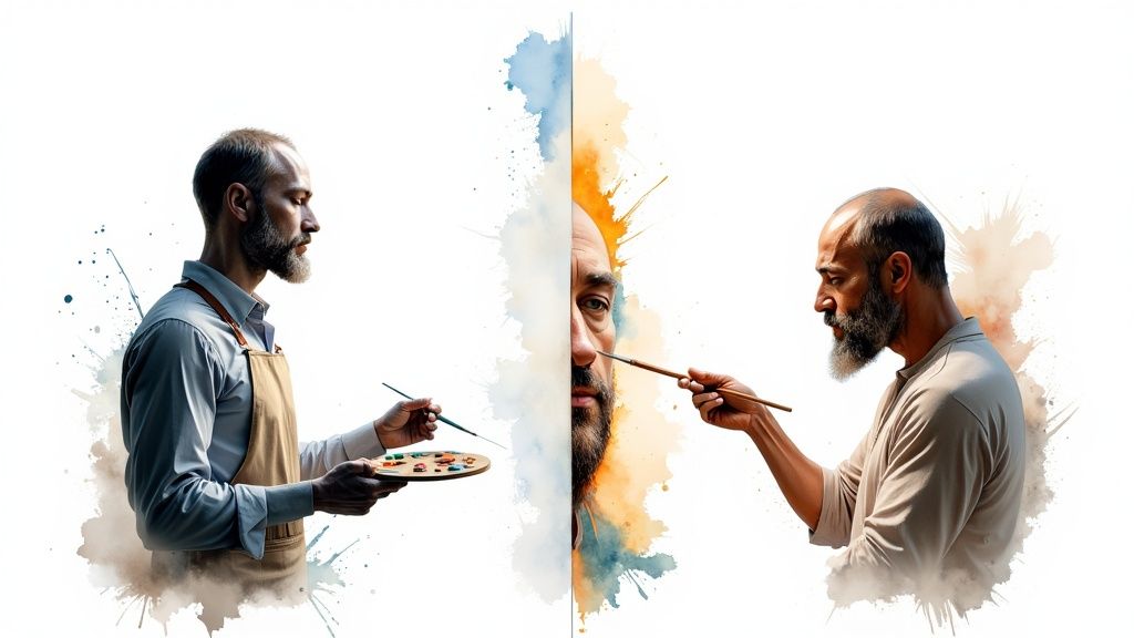 A person's face being analyzed by an abstract network of digital nodes, representing the AI process.