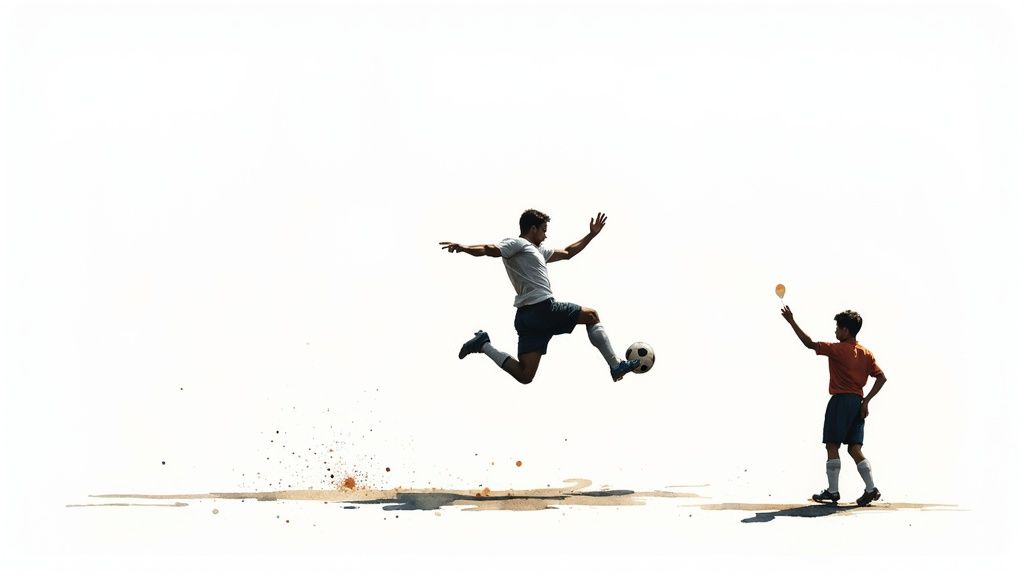 Soccer player jumping to kick ball while young boy watches in watercolor illustration