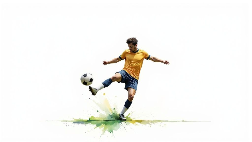 Soccer player in yellow jersey kicking ball with dynamic watercolor splash effect