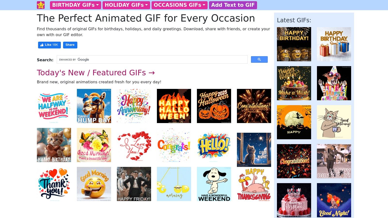Screenshot of the Funimada website showing a personalized happy birthday GIF with editable text fields for a name.