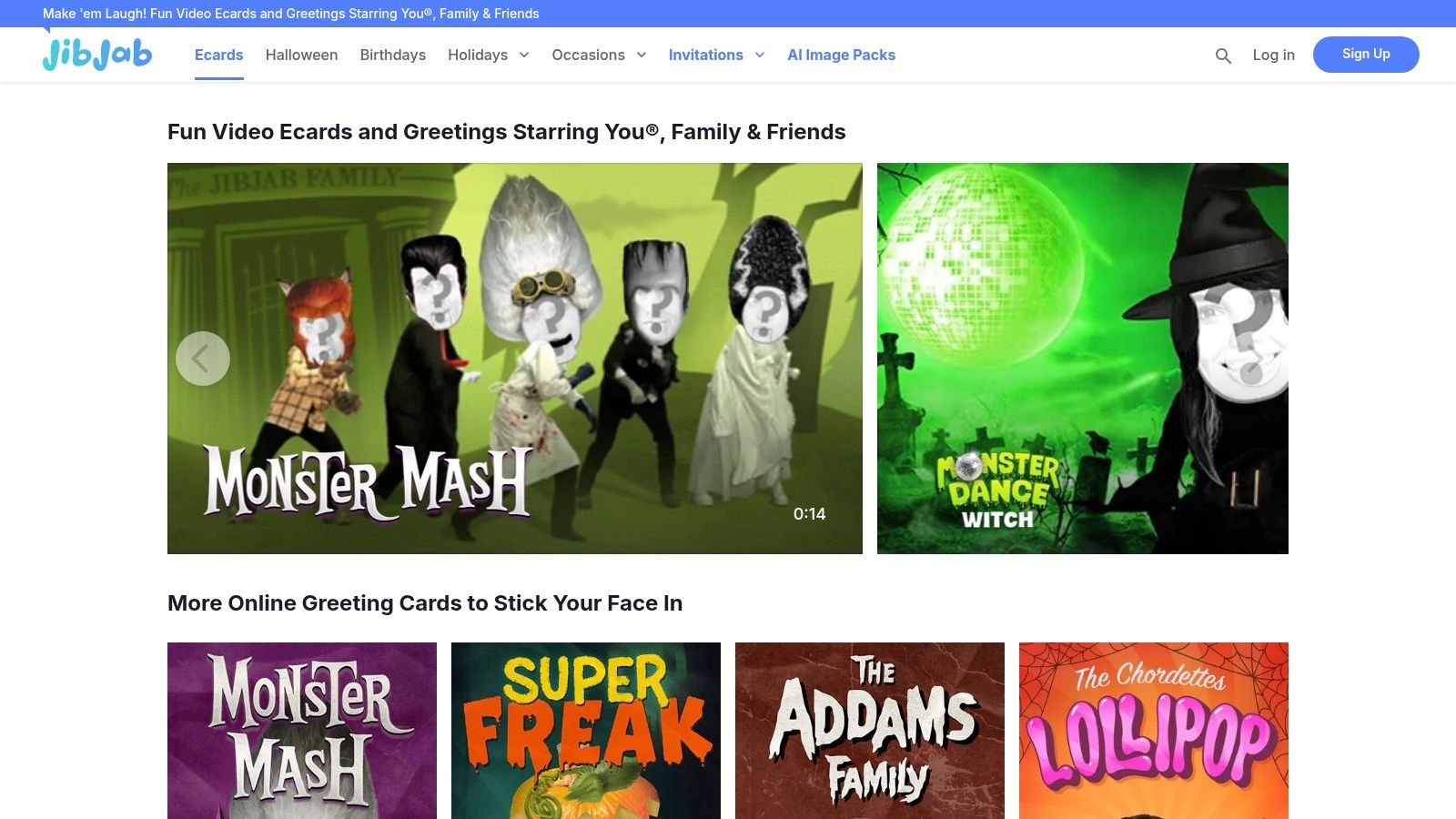 A screenshot of the JibJab website interface, showing a variety of customizable video e-cards with placeholders for faces.