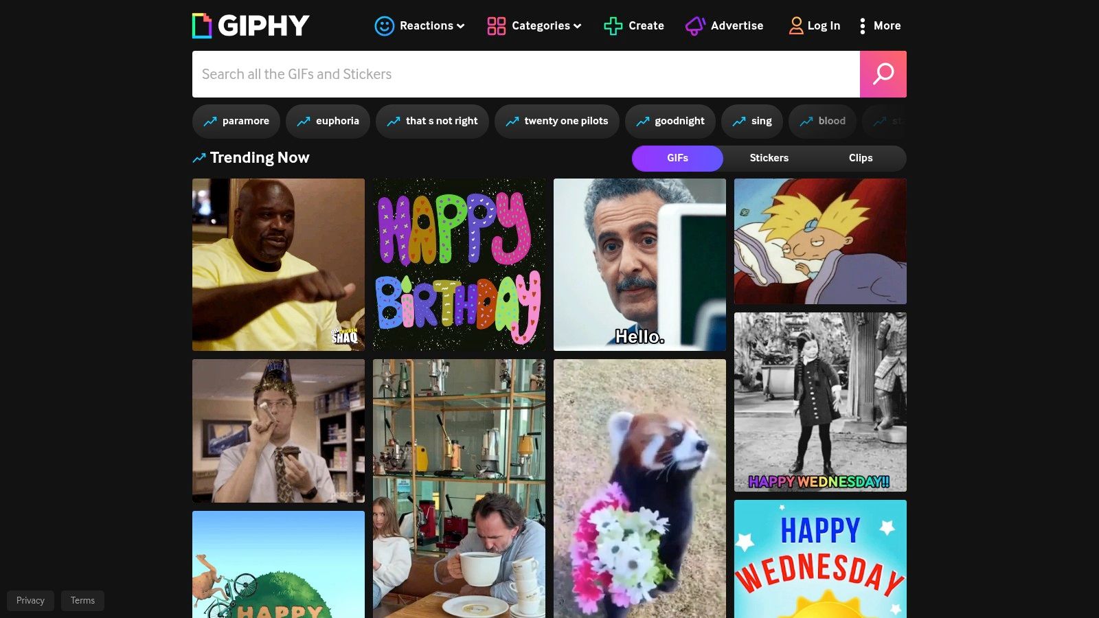 Screenshot of the GIPHY website's search results for 'funny happy birthday', showcasing a variety of colorful and humorous GIFs.