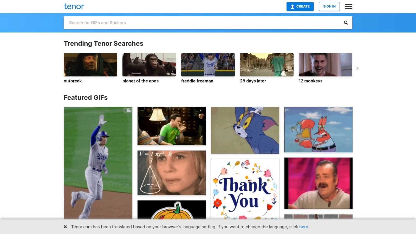 Screenshot of the Tenor website's search results for 'happy birthday funny', displaying a grid of humorous and celebratory GIFs.