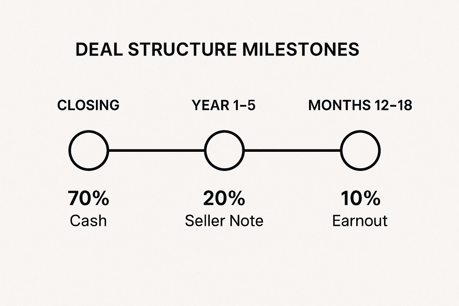 Infographic showing a timeline of deal structure milestones, starting with 'Closing' and 70% cash, followed by 'Year 1-5' with a 20% seller note, and 'Months 12-18' with a 10% earnout.