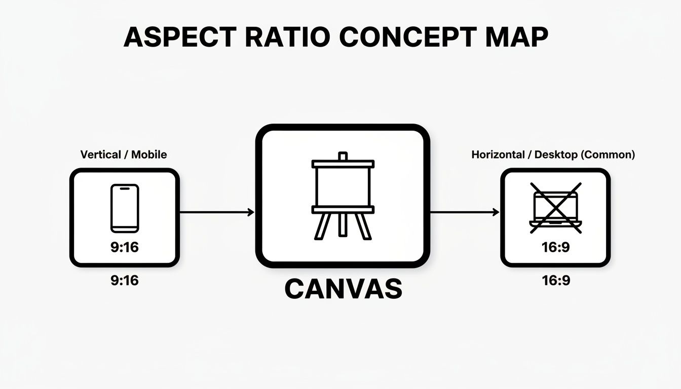 A concept map illustrating aspect ratios, comparing vertical 9:16 (mobile) and horizontal 16:9 (desktop) through a central canvas.