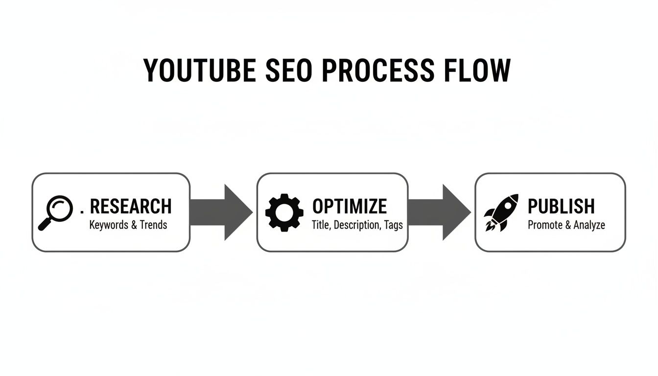 Flowchart illustrating the YouTube SEO process: Research, Optimize content, and Publish for promotion.