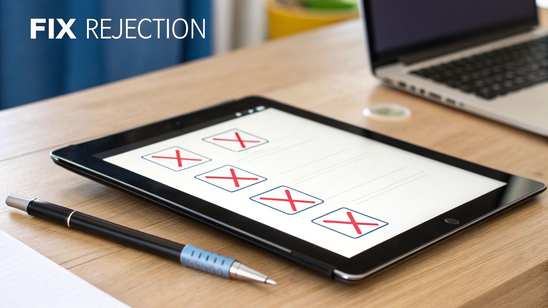 A tablet on a wooden desk displaying multiple rejection marks, with 'FIX REJECTION' text, a pen, and a laptop.