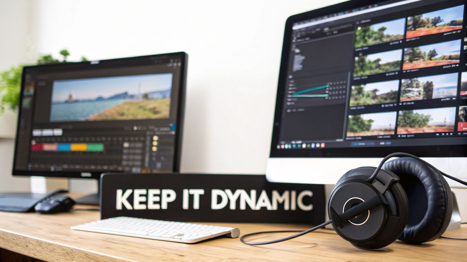 A video editing workspace with two monitors showing editing software, a keyboard, headphones, and a 'KEEP IT DYNAMIC' sign on a wooden desk.