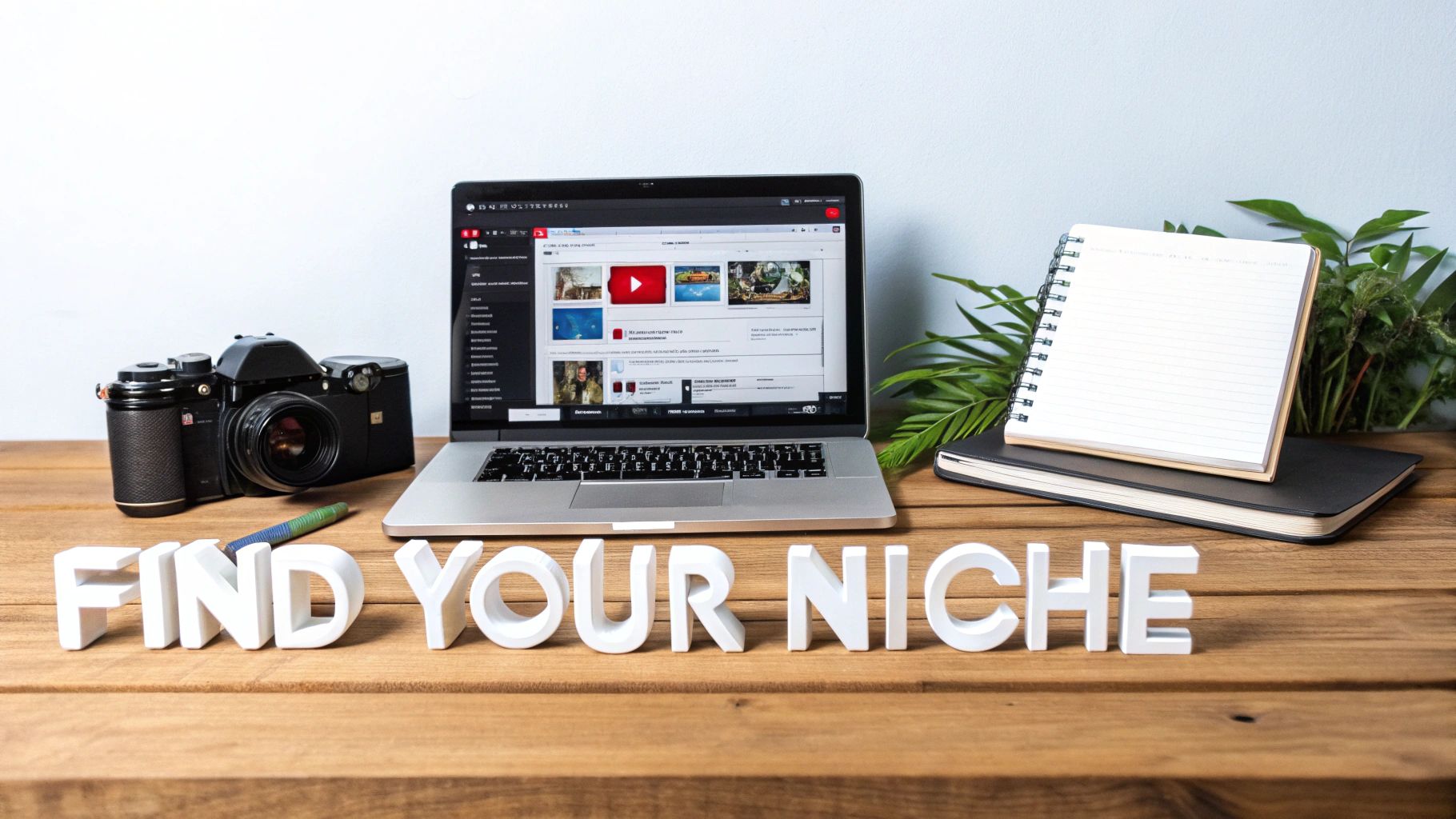 A creative workspace with a camera, laptop displaying video content, notebooks, and "FIND YOUR NICHE" letters.