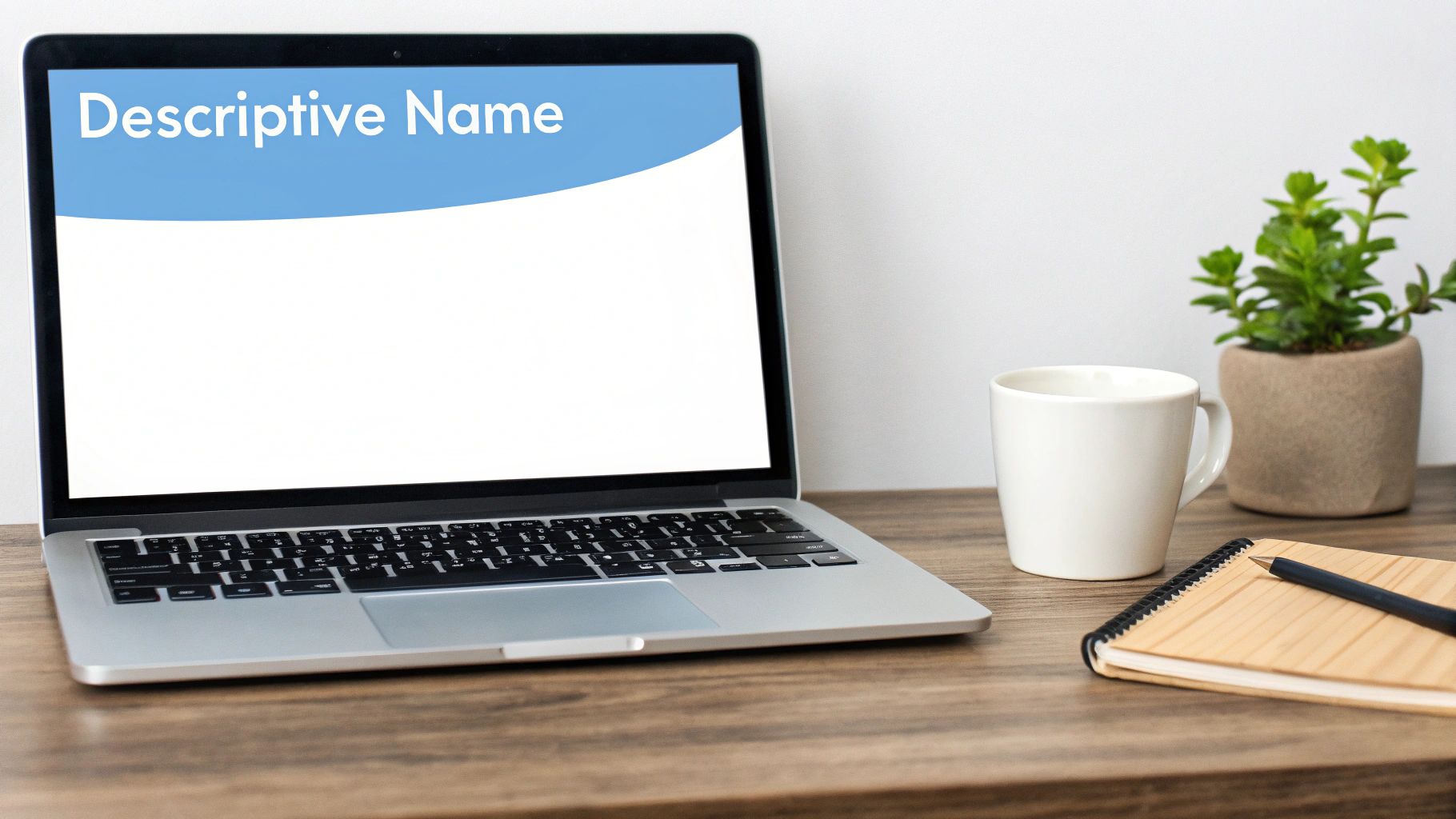 A laptop displaying 'Descriptive Name' on a wooden desk with a coffee mug, plant, and notebook.