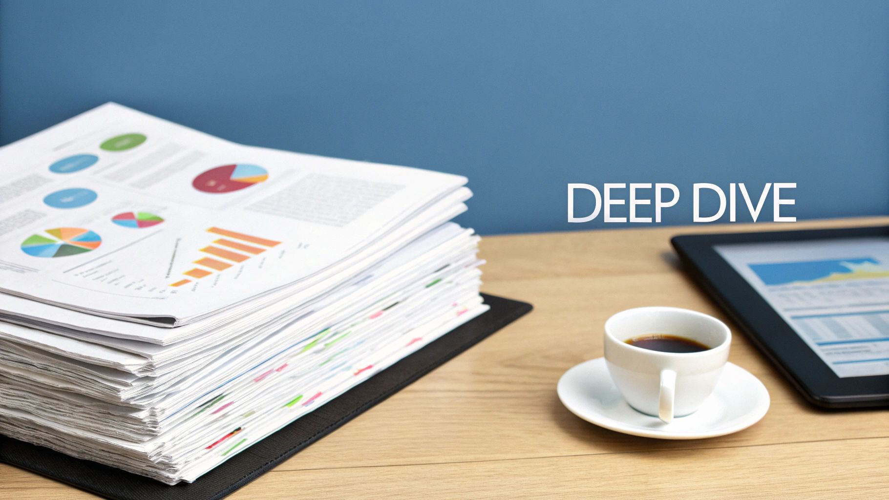 A stack of business documents, coffee, and a tablet on a desk with 'DEEP DIVE' text.