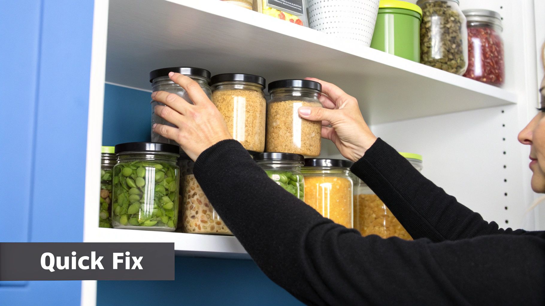 Woman's hands arranging clear jars of food like beans and grains on a kitchen pantry shelf.