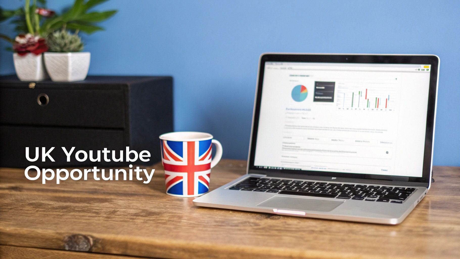 A productive workspace with a laptop showing data, a UK flag mug, and plants on a wooden desk.