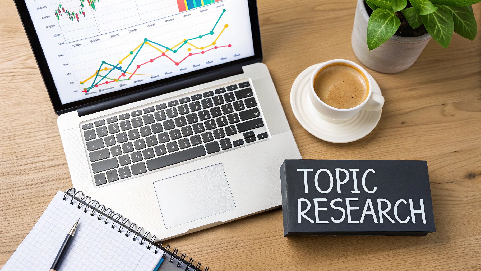 Overhead view of a workspace with a laptop displaying a chart, coffee, and a 'TOPIC RESEARCH' sign.