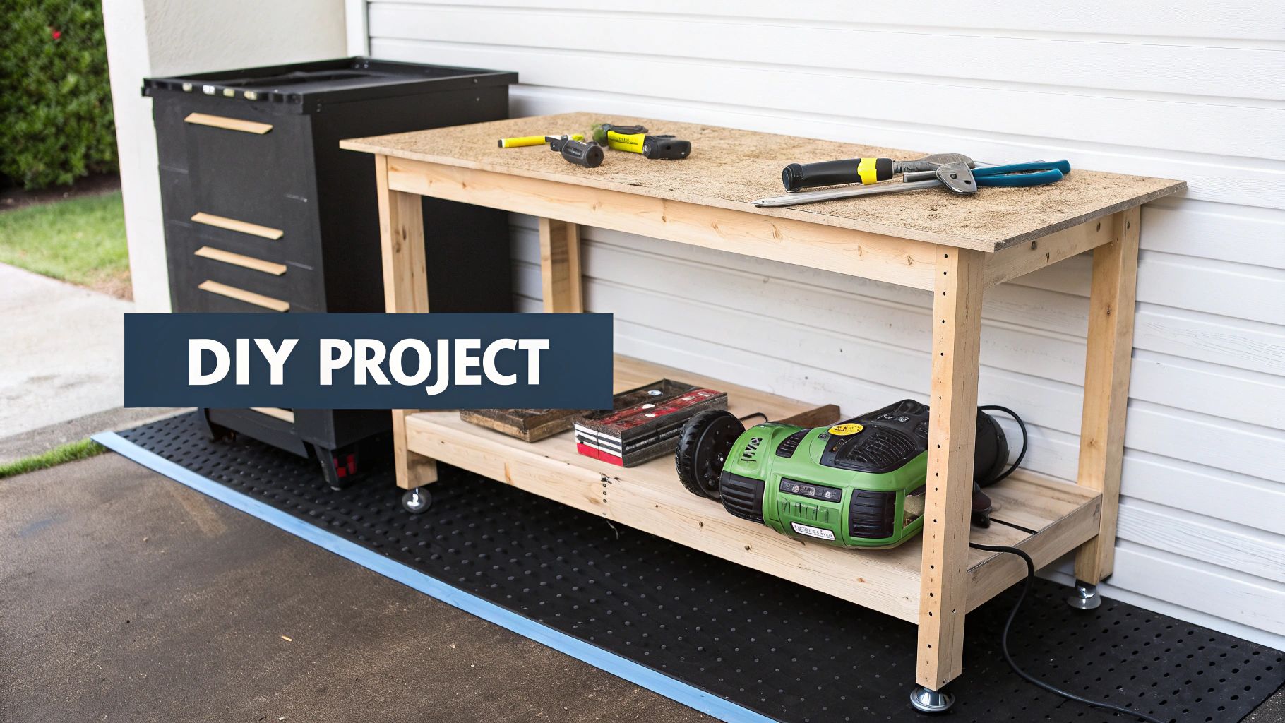 A DIY wooden workbench with various tools and equipment, next to a black storage cabinet outdoors.