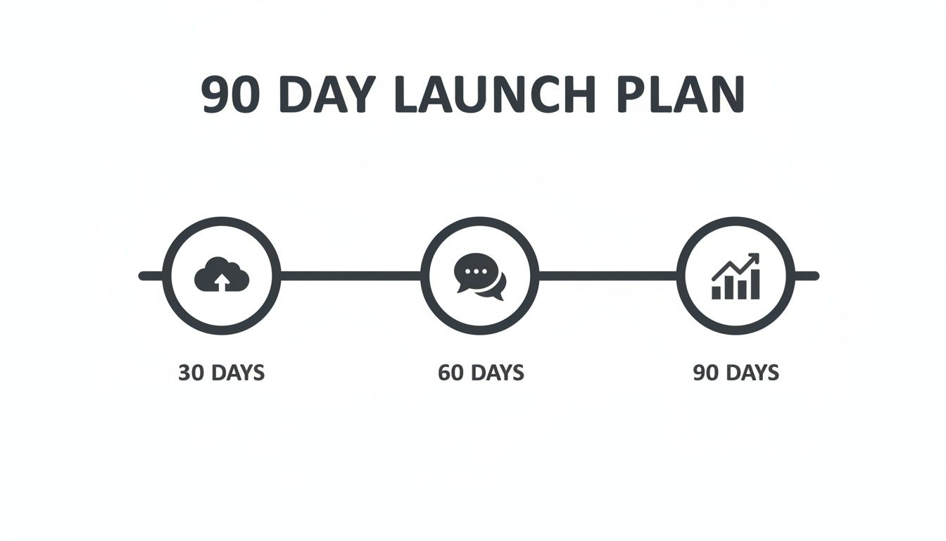 A 90-day launch plan timeline with icons for cloud, communication, and growth at 30, 60, and 90 days.