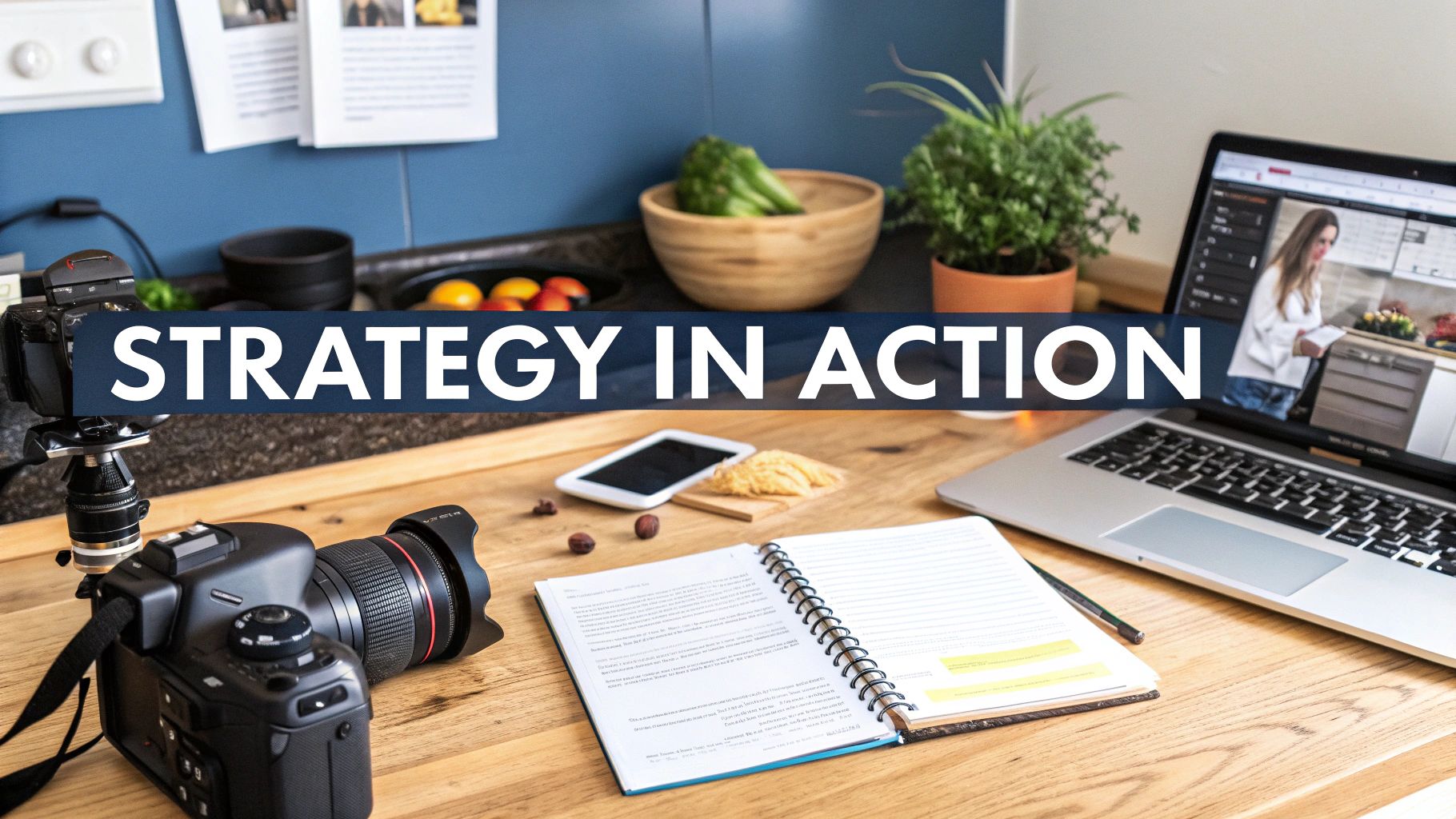 A creative workspace featuring cameras, a laptop displaying a video, a notebook, and 'STRATEGY IN ACTION' text.