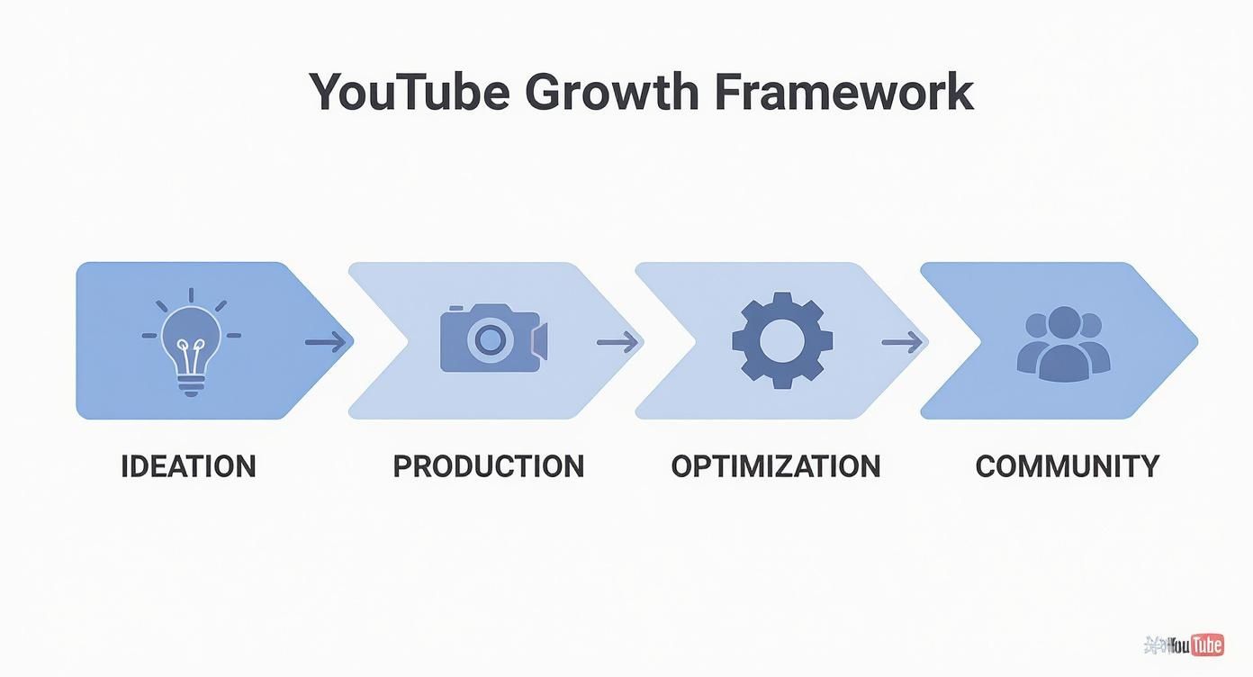 YouTube Growth Framework showing four stages: Ideation, Production, Optimization, and Community with corresponding icons in blue chevron arrows