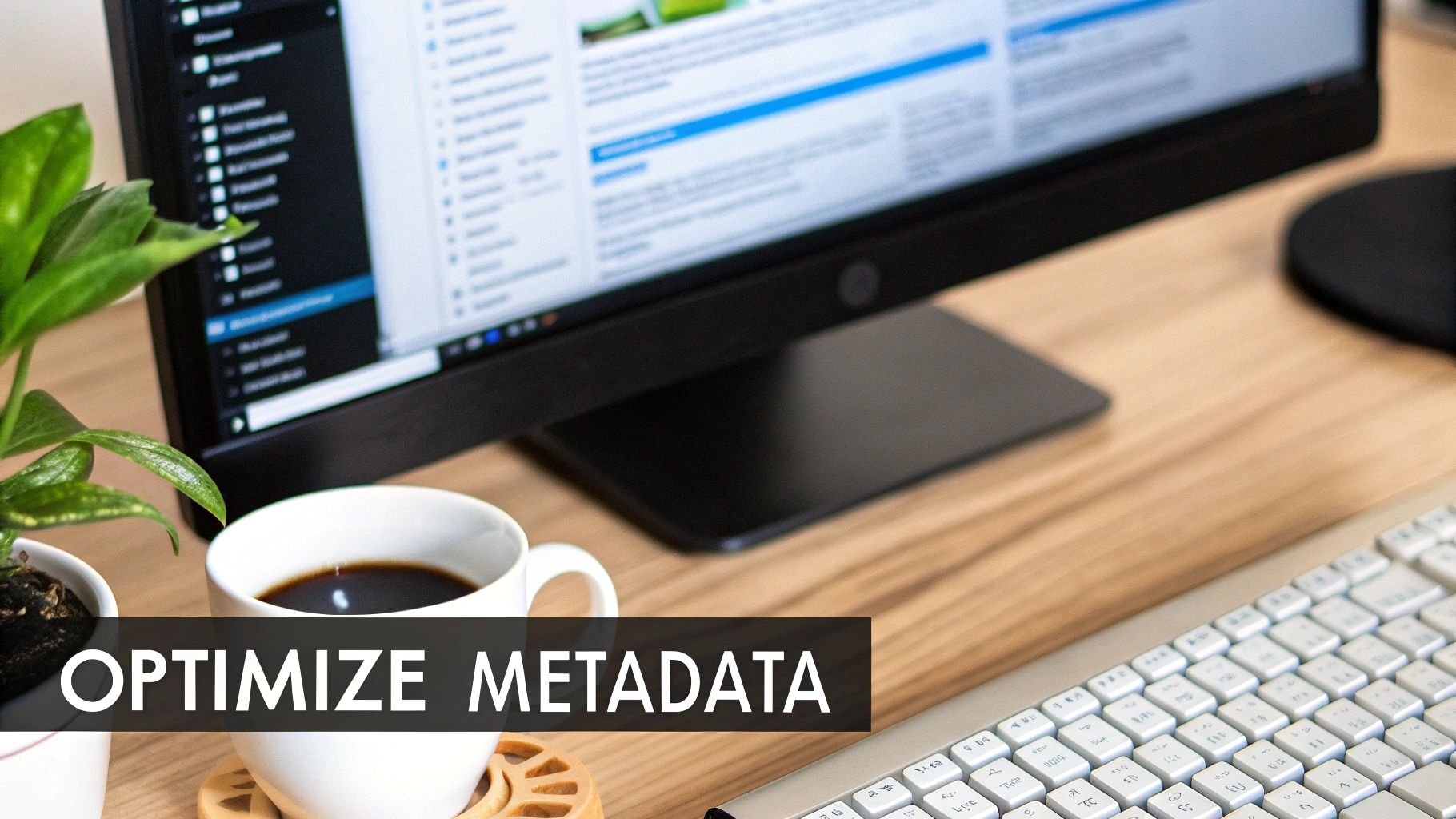 A desk with a monitor showing website analytics, a coffee cup, a plant, and a keyboard. Text: OPTIMIZE METADATA.