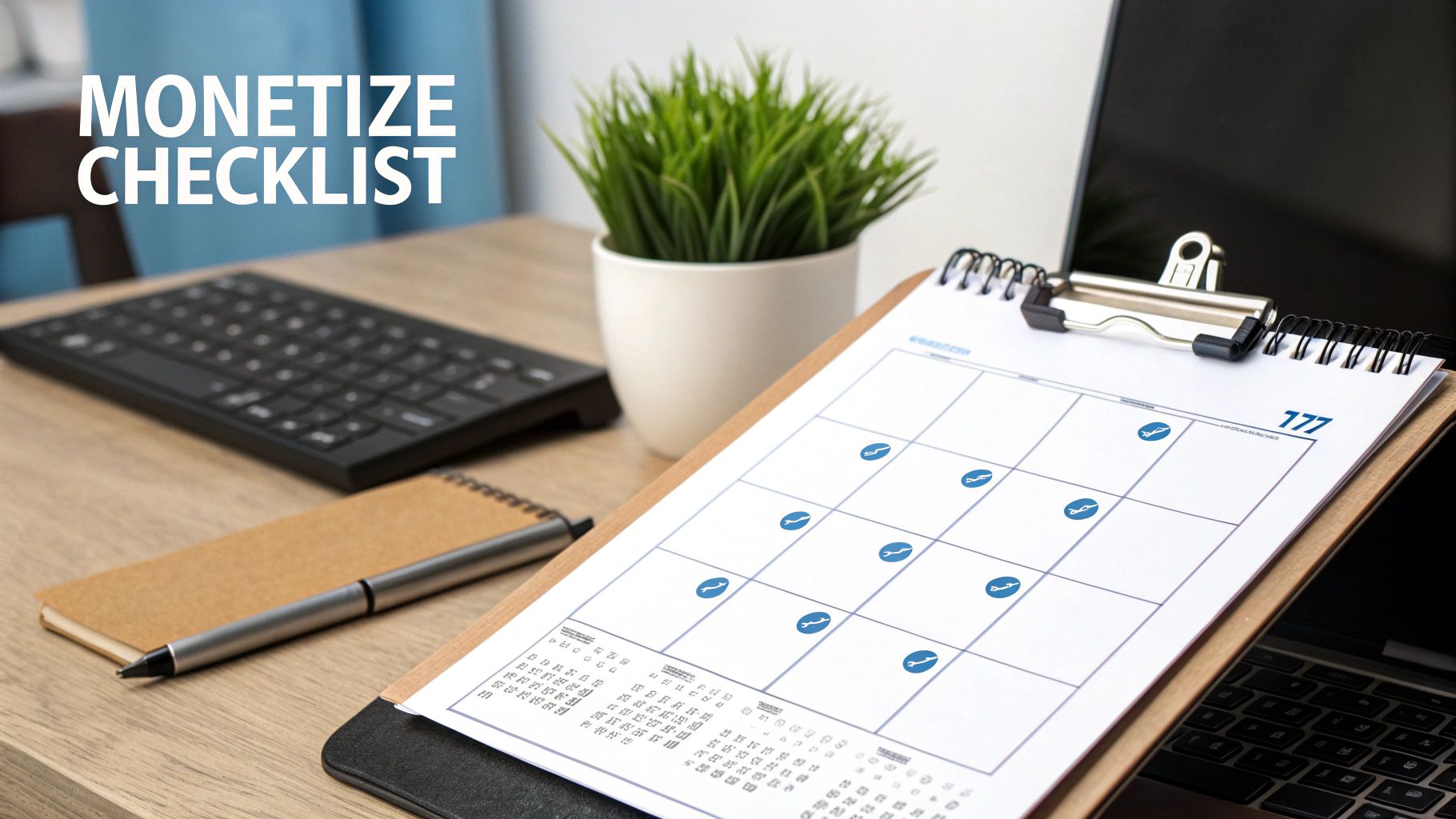 A desk with a 'MONETIZE CHECKLIST' on a clipboard, showing progress and planning.