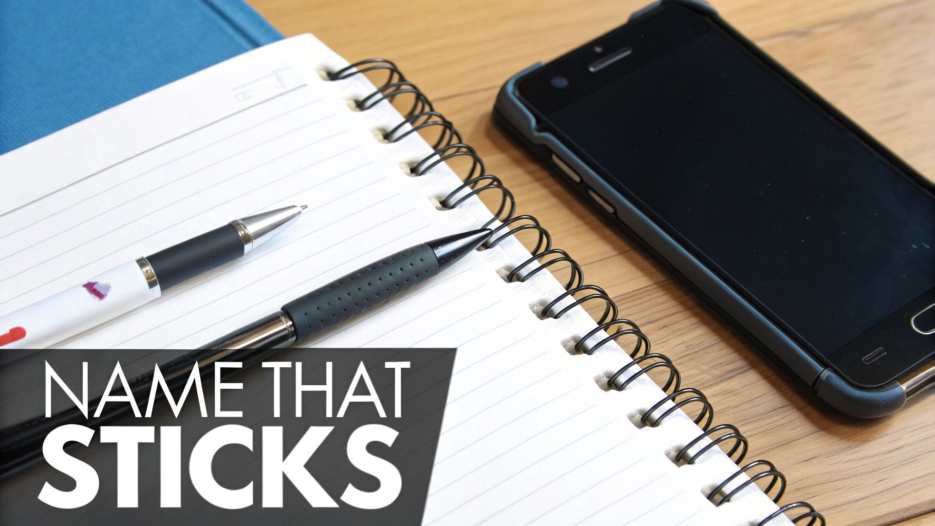 A flat lay of a spiral notebook, two pens, and a smartphone on a wooden desk.
