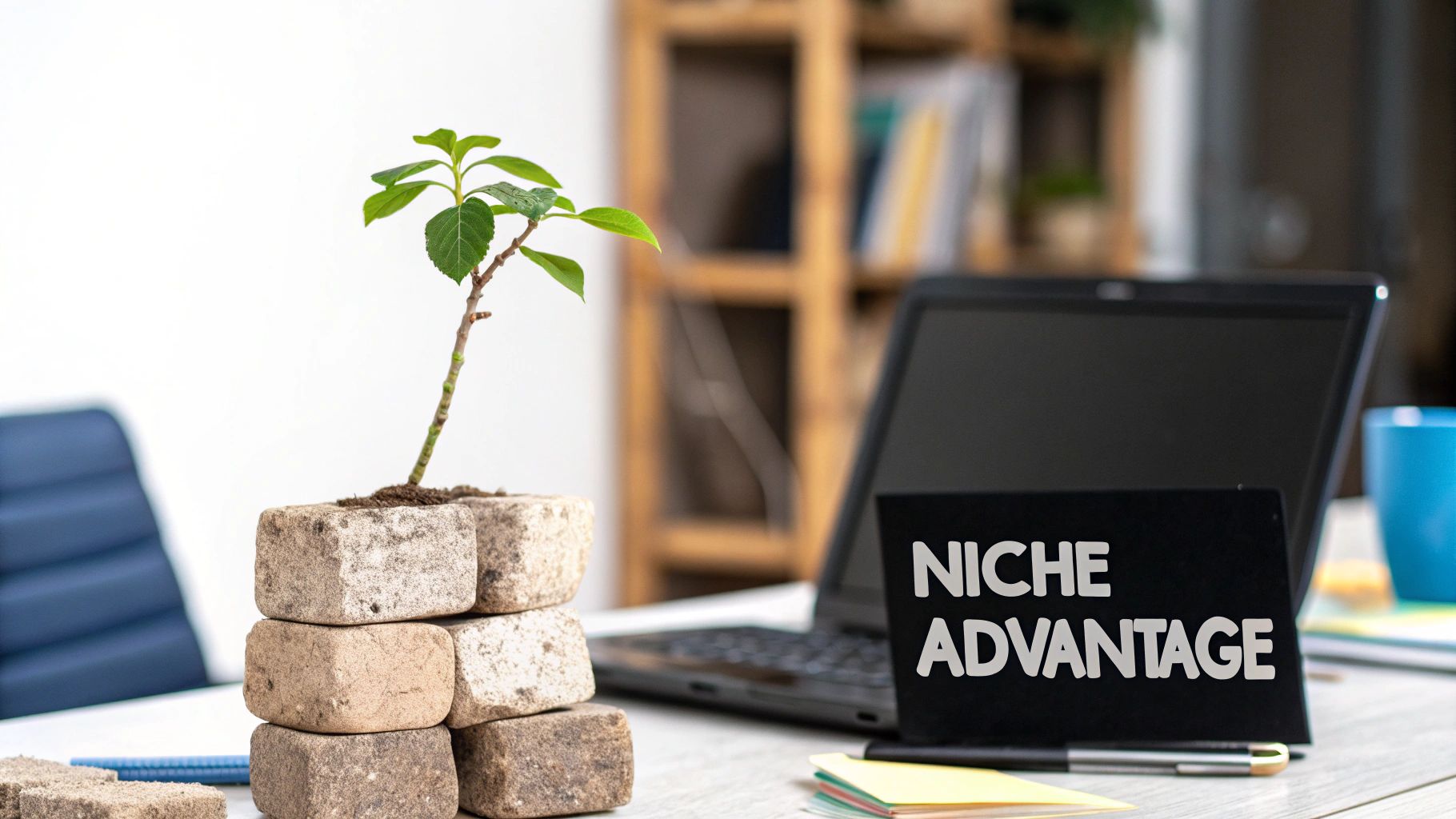 A person using a magnifying glass to look at keywords on a laptop screen.