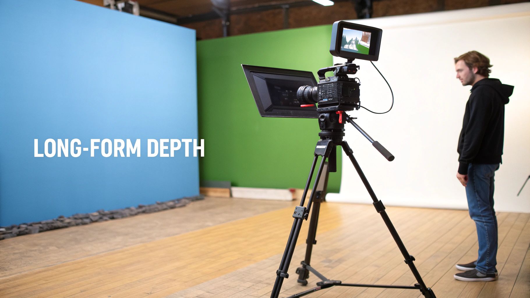 Professional video camera on tripod filming person in studio with green screen backdrop