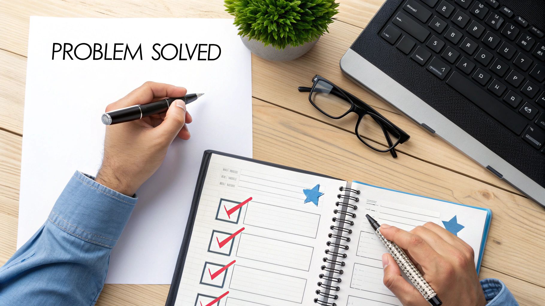 Overhead view of a person writing 'PROBLEM SOLVED' and checking off tasks on a desk.