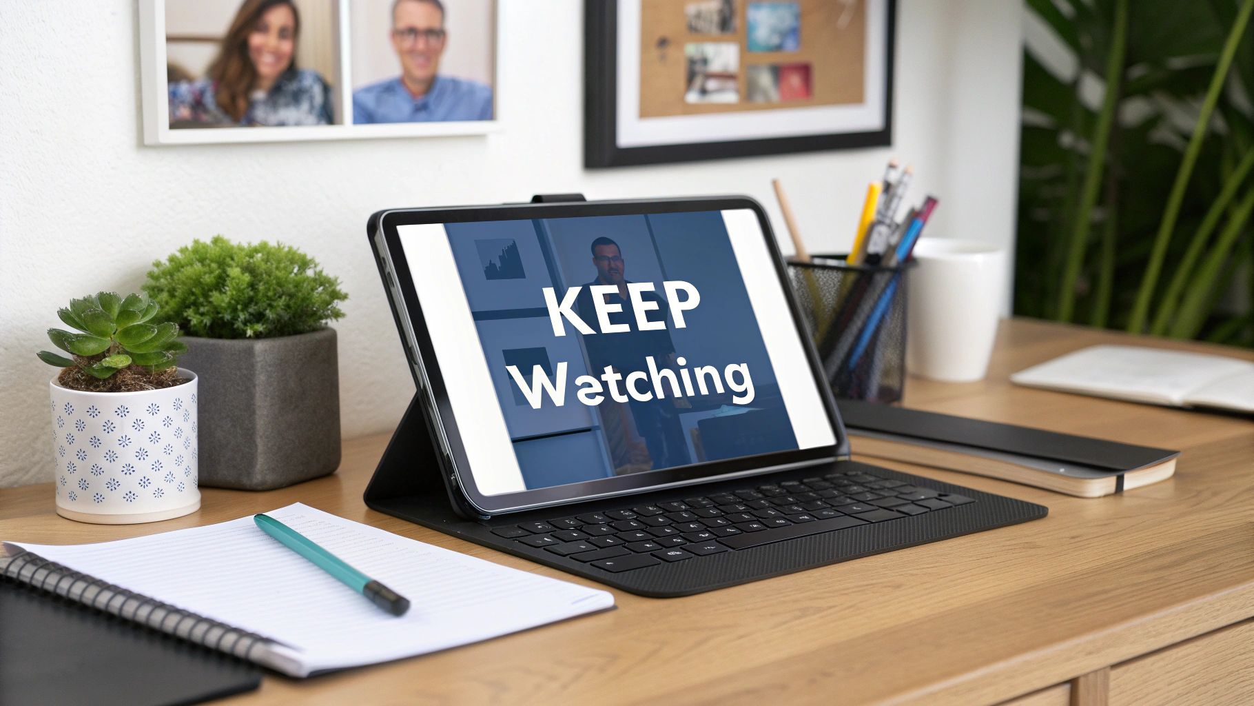 A person optimizing a video's settings on a laptop, with social media icons in the background.