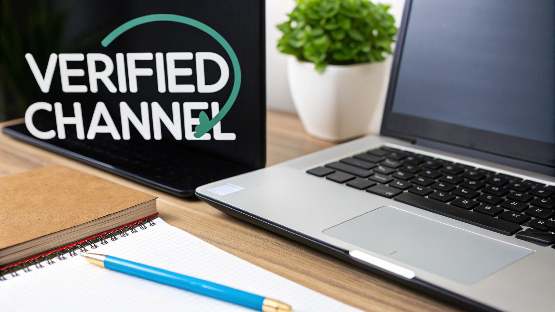 A laptop screen shows 'VERIFIED CHANNEL' with a green checkmark on a desk with another laptop.