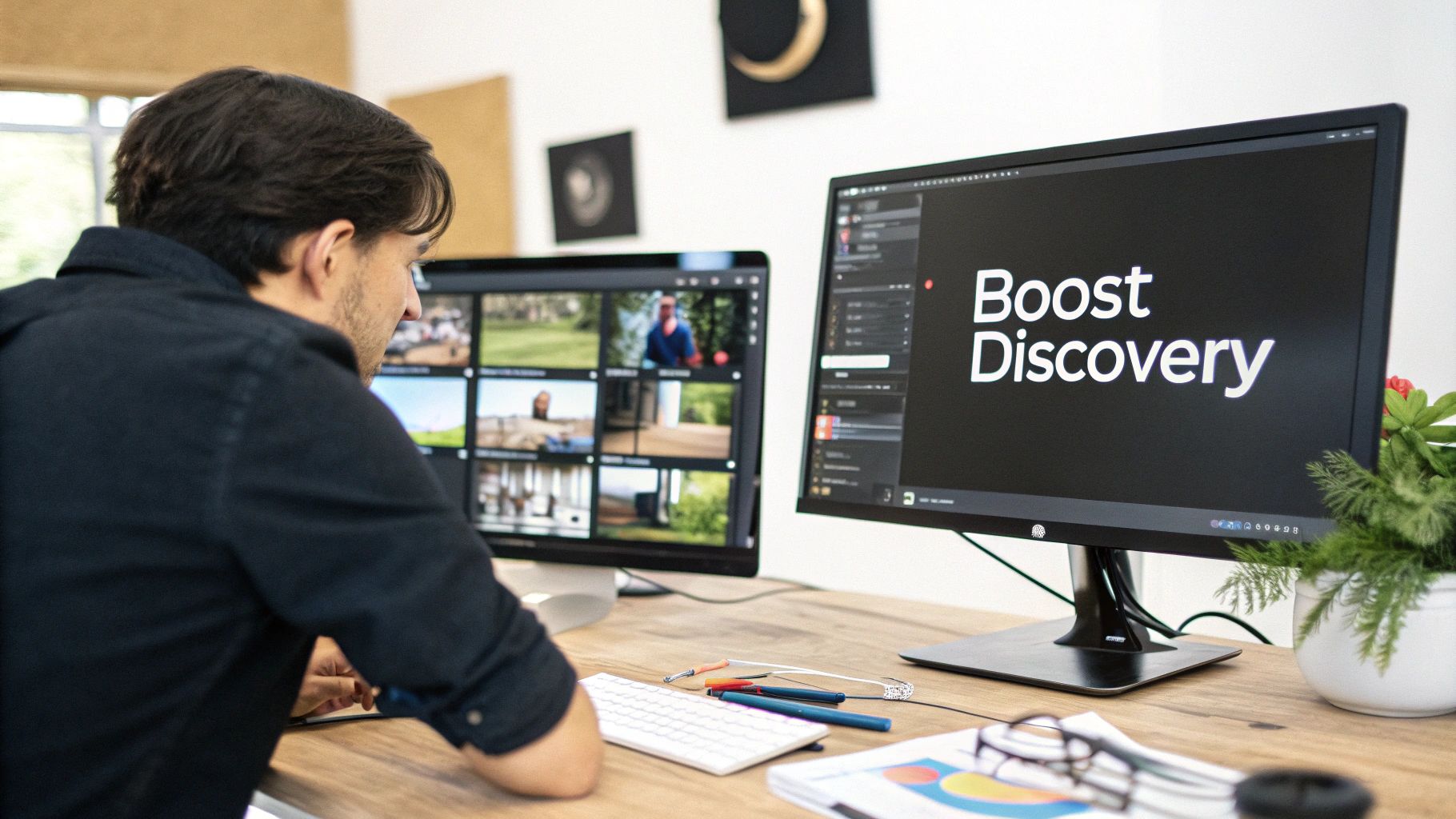 A person works on two computer monitors displaying videos and 'Boost Discovery' on a wooden desk.