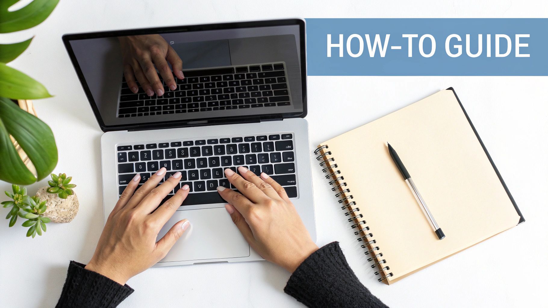 Hands typing on a laptop next to a notebook, pen, and small plants, with a 'HOW-TO GUIDE' banner.