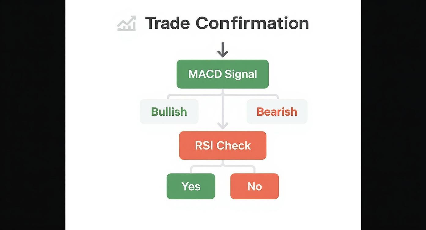 Infographic decision tree showing how a MACD signal (bullish or bearish) is confirmed or rejected by the corresponding RSI check.
