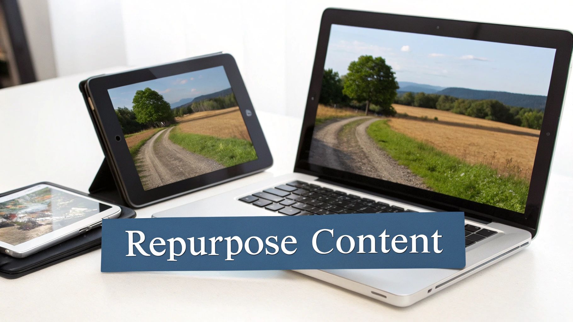 Multiple screens (laptop, tablet, phone) displaying a scenic road, with a 'Repurpose Content' banner.